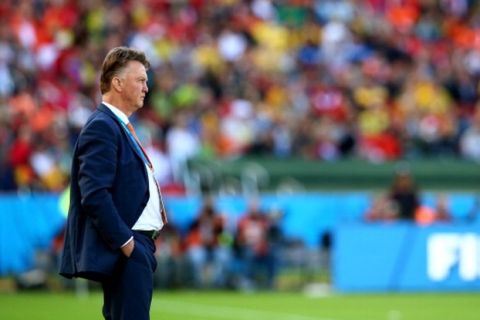 PORTO ALEGRE, BRAZIL - JUNE 18: Head coach Louis van Gaal of the Netherlands looks on during the 2014 FIFA World Cup Brazil Group B match between Australia and Netherlands at Estadio Beira-Rio on June 18, 2014 in Porto Alegre, Brazil.  (Photo by Alex Grimm - FIFA/FIFA via Getty Images)