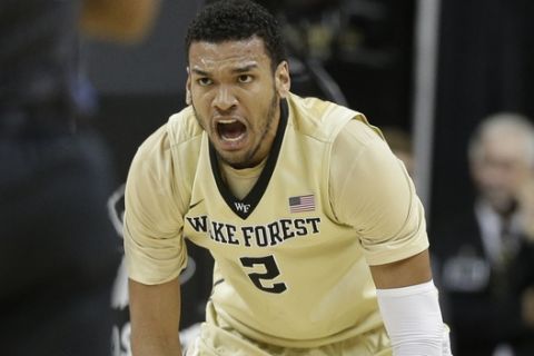 Wake Forest's Devin Thomas (2) reacts after a basket against Duke in the first half of an NCAA college basketball game in Winston-Salem, N.C., Wednesday, Jan. 6, 2016. (AP Photo/Chuck Burton)