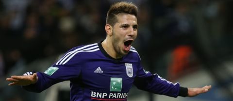 20131102 - BRUSSELS, BELGIUM: Anderlecht's Aleksandar Mitrovic celebrates after scoring during the Jupiler Pro League match between RSC Anderlecht and OH Leuven, in Brussels, Saturday 02 November 2013, on day 14 of the Belgian soccer championship. BELGA PHOTO VIRGINIE LEFOUR