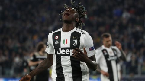Juventus' Moise Kean looks up after missing a scoring chance during the Champions League quarter final, second leg soccer match between Juventus and Ajax, at the Allianz stadium in Turin, Italy, Tuesday, April 16, 2019. (AP Photo/Antonio Calanni)