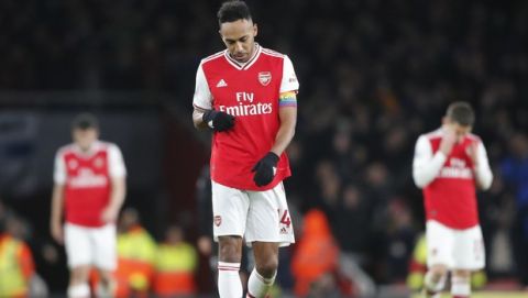 Arsenal's Pierre-Emerick Aubameyang after the English Premier League soccer match between Arsenal and Brighton, at the Emirates Stadium in London, Thursday, Dec. 5, 2019. (AP Photo/Frank Augstein)