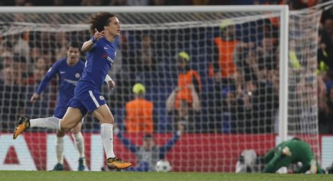 Chelsea's David Luiz celebrates after scoring the opening goal during the Champions League group C soccer match between Chelsea and Roma at Stamford Bridge stadium in London, Wednesday, Oct. 18, 2017. (AP Photo/Kirsty Wigglesworth)