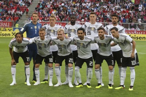 The Germany team poses for photos before a friendly soccer match between Austria and Germany in Klagenfurt, Austria, Saturday, June 2, 2018. (AP Photo/Ronald Zak)