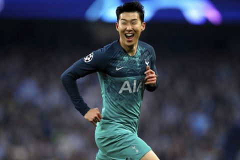 Tottenham Hotspur's Son Heung-min celebrates scoring his side's second goal of the game against Tottenham Hotspur, during the Champions League quarterfinal, second leg, soccer match between Manchester City and Tottenham Hotspur at the Etihad Stadium in Manchester, England, Wednesday, April 17, 2019. ( Martin Rickett / PA via AP)