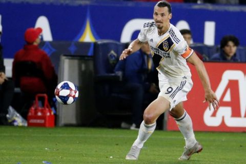 LA Galaxy forawrd Zlatan Ibrahimovic (9) of Sweden, in actions during an MLS soccer match between LA Galaxy and Chicago Fire in Carson, Calif., Saturday, March 2, 2019. The Galaxy won 2-1. (AP Photo/Ringo H.W. Chiu)