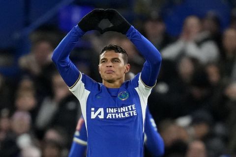 Chelsea's Thiago Silva celebrates after scoring his side's second goal during the English FA Cup soccer match between Chelsea and Preston North End at Stamford Bridge stadium in London, Saturday, Jan. 6, 2024. (AP Photo/Kirsty Wigglesworth)