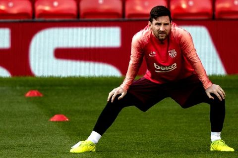 Barcelona's Lionel Messi during the press conference at Old Trafford, Manchester, Tuesday April 9, 2019. (Ian Hodgson/PA via AP)