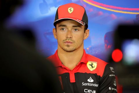 Ferrari driver Charles Leclerc of Monaco listens to questions during a media conference ahead of the Formula One Grand Prix at the Spa-Francorchamps racetrack in Spa, Belgium, Thursday, Aug. 25, 2022. The Belgian Formula One Grand Prix will take place on Sunday. (AP Photo/Olivier Matthys)