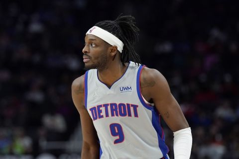 Detroit Pistons forward Jerami Grant plays during the first half of an NBA basketball game, Sunday, March 13, 2022, in Detroit. (AP Photo/Carlos Osorio)