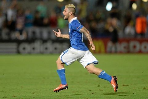 Lorenzo Insigne of Italy celebrates after scoring his side's first goal against England during their UEFA European Under-21 Championship Group A match