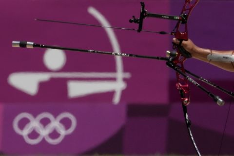 Luis Alvarez, from Mexico, shoots during practice for the 2020 Summer Olympics at Yumenoshima Park Archery Field, Sunday, July 18, 2021, in Tokyo. (AP Photo/Charlie Riedel)