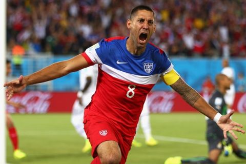 NATAL, BRAZIL - JUNE 16:  Clint Dempsey of the United States reacts after scoring his team's first goal during the 2014 FIFA World Cup Brazil Group G match between Ghana and the United States at Estadio das Dunas on June 16, 2014 in Natal, Brazil.  (Photo by Michael Steele/Getty Images)