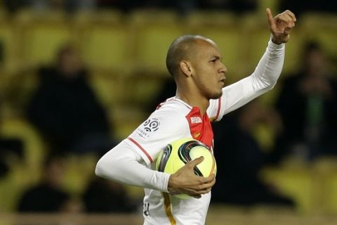 Monaco's Fabinho reacts after scoring the first goal for Monaco during the French League One soccer match against Ajaccio, in Monaco stadium, Saturday, Jan. 9 , 2016. (AP Photo/Lionel Cironneau)