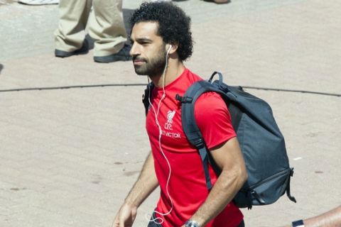 Liverpool midfielder Mohamed Salah arrives for an International Champions Cup soccer match against Manchester United at Michigan Stadium, Saturday, July 28, 2018, in Ann Arbor, Mich. (AP Photo/Tony Ding)