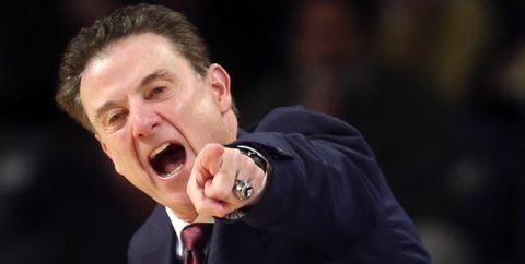 Louisville head coach Rick Pitino yells to his players in the first half of an NCAA college basketball game against Georgia Tech, Saturday, Jan. 23, 2016, in Atlanta, (AP Photo/John Bazemore)   