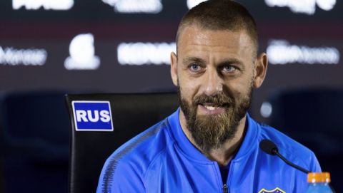 Daniele De Rossi speaks during a press conference in Buenos Aires, Argentina, Monday, July. 29, 2019. De Rossi, a former Roma captain and 2006 World Cup winner, signed a one-year deal with Boca Juniors. (AP Photo/Tomas F. Cuesta)