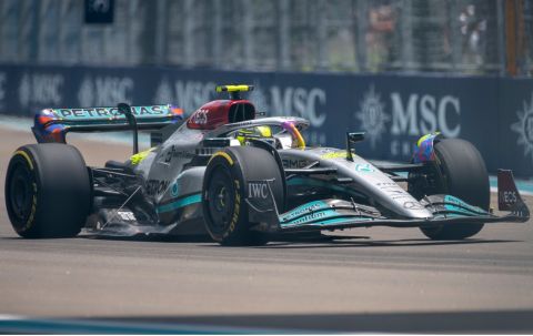 Mercedes driver Lewis Hamilton of the United Kingdom, steers his car during the practice session for the Formula One Miami Grand Prix in Miami Gardens, Fla. Saturday, May 7, 2022. (AP Photo/Tyler Tate)