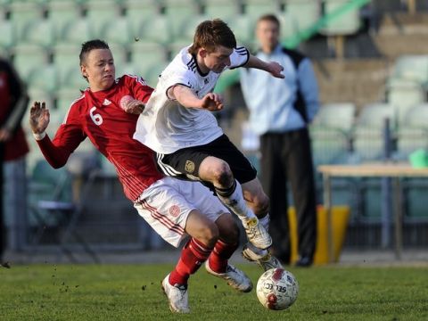 SOEBORG, DENMARK - MAY  11: Patrick Olsen of Denmark battles for the ball with Maximillian Arnold of Germany during the U16 international friendly match between Denmark and Germany at the Gladsaxe stadium on May 11, 2010 in Soeborg, Denmark. (Photo Lars Moeller/Bongarts/Getty Images)