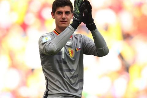 RIO DE JANEIRO, BRAZIL - JUNE 22: Thibaut Courtois of Belgium acknowledges the crowd after defeating Russia 1-0 during the 2014 FIFA World Cup Brazil Group H match between Belgium and Russia at Maracana on June 22, 2014 in Rio de Janeiro, Brazil.  (Photo by Clive Rose/Getty Images)