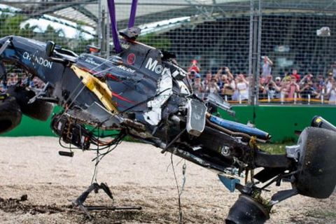 MELBOURNE, AUSTRALIA - MARCH 20:  The crashed car of Fernando Alonso and McLaren and Spain during the Australian Formula One Grand Prix at Albert Park on March 20, 2016 in Melbourne, Australia.  (Photo by Peter J Fox/Getty Images)