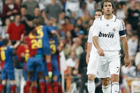 Real Madrid's  Raul Gonzalez from Spain turns away after Barcelona scored  during a Spanish La Liga  soccer match against Barcelona at the Santiago Bernabeu stadium in Madrid, Spain, on Saturday,  May 2, 2009. (AP Photo/Andres Kudacki)
