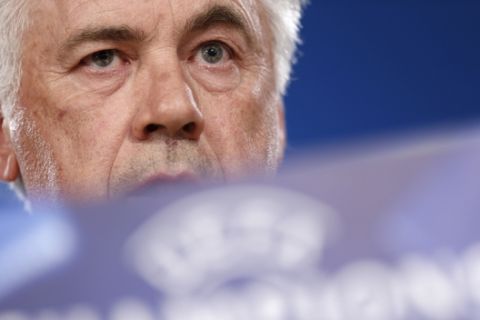 Bayern Munich's head coach Carlo Ancelotti talks to journalists during a news conference at the Santiago Bernabeu stadium in Madrid, Monday, April 17, 2017. Bayern Munich will play against Real Madrid a Champions League quarterfinal second leg soccer match on Tuesday 18. (AP Photo/Francisco Seco)