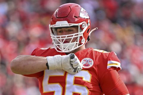 Kansas City Chiefs defensive end George Karlaftis (56) reacts after a sack during an NFL football game against the Denver Broncos Sunday, Jan. 1, 2023, in Kansas City, Mo. (AP Photo/Peter Aiken)