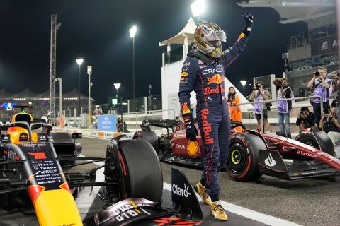 Red Bull driver Max Verstappen of the Netherlands reacts after winning pole position after qualifying session for the Formula One Abu Dhabi Grand Prix, in Abu Dhabi, United Arab Emirates Saturday, Nov.19, 2022. (AP Photo/Kamran Jebreili, Pool)