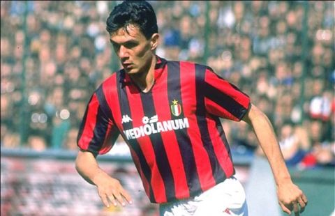 1990:  Paolo Maldini of AC Milan in action during a Serie A match against Inter Milan at the Giuseppe Meazza Stadium in Milan, Italy. \ Mandatory Credit: Allsport UK /Allsport