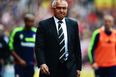 STOKE ON TRENT, ENGLAND - MAY 03:  Fulham manager Felix Magath reacts as his side are relegated following their defeat in the Barclays Premier League match between Stoke City and Fulham at the Britannia Stadium on May 3, 2014 in Stoke on Trent, England.  (Photo by Jamie McDonald/Getty Images)
