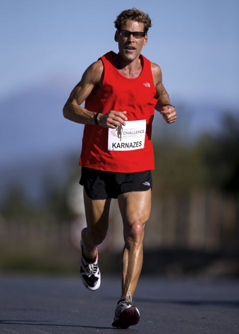 Ultramarathon runner Dean Karnazes runs during the Navarino Challenge Run at  on October 18, 2013 in Tripolis, Greece.  (Photo by Vladimir Rys)