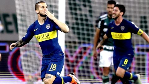 Dario Benedetto of Argentina's Boca Juniors celebrates scoring his side's second goal against Brazil's Palmeiras during a Copa Libertadores second leg semifinal match in Sao Paulo, Brazil, Wednesday, Oct. 31, 2018. (AP Photo/Andre Penner)