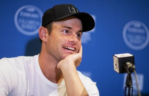 Andy Roddick speaks during a press conference at the Atlanta Open tennis tournament Monday, July 27, 2015, in Atlanta. Roddick is coming out of retirement to play doubles with friend Mardy Fish in the Atlanta Open. (AP Photo/David Goldman)