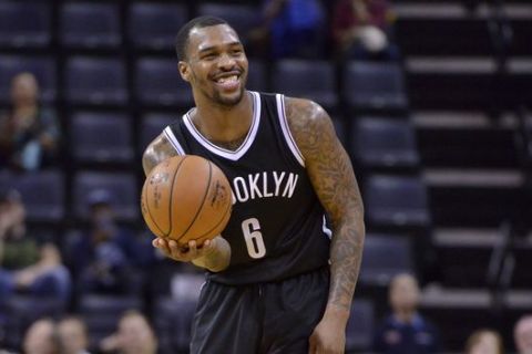 Brooklyn Nets guard Sean Kilpatrick (6) smiles as he allows the shot clock to expire in the final seconds of an NBA basketball game against the Memphis Grizzlies Monday, March 6, 2017, in Memphis, Tenn. The Nets won by a score of 122-109. (AP Photo/Brandon Dill)