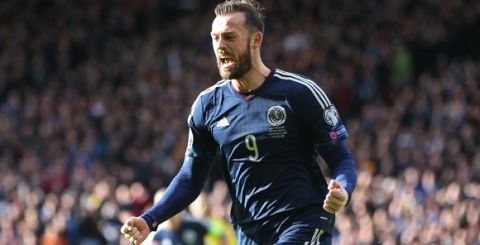 Scotland's striker Steven Fletcher celebrates after scoring their second goal during the Euro 2016 qualifying football match between Scotland and Gibraltar at Hampden Park in Glasgow, Scotland on March 29, 2015. Scotland won the game 6-1. AFP PHOTO / IAN MACNICOL        (Photo credit should read Ian MacNicol/AFP/Getty Images)