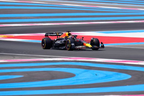 Red Bull driver Max Verstappen of the Netherlands steers his car during the third practice session for the French Formula One Grand Prix at Paul Ricard racetrack in Le Castellet, southern France, Saturday, July 23, 2022. The French Grand Prix will be held on Sunday. (AP Photo/Manu Fernandez)