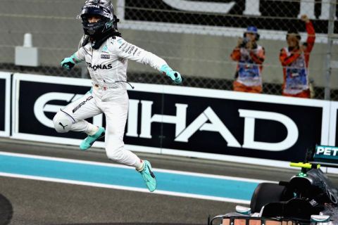 ABU DHABI, UNITED ARAB EMIRATES - NOVEMBER 27:  Nico Rosberg of Germany and Mercedes GP celebrates after finishing second and winning the World Drivers Championship during the Abu Dhabi Formula One Grand Prix at Yas Marina Circuit on November 27, 2016 in Abu Dhabi, United Arab Emirates.  (Photo by Clive Mason/Getty Images)