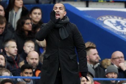 Nottingham Forest's head coach Sabri Lamouchi shouts instructions during an English FA Cup third round soccer match between Chelsea and Nottingham Forest at Stamford Bridge in London, Sunday, Jan. 5, 2020. (AP Photo/Ian Walton)