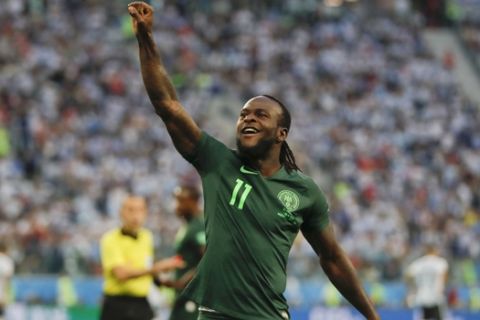 Nigeria's Victor Moses celebrates after scoring his side first goal on a penalty during the group D match between Argentina and Nigeria, at the 2018 soccer World Cup in the St. Petersburg Stadium in St. Petersburg, Russia, Tuesday, June 26, 2018. (AP Photo/Ricardo Mazalan)