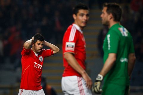 Benfica's Spanish midfielder Nolito (L) reacts after missing a goal opportunity on February 25, 2012 during a Portuguese league football match against Academica at the Cidade de Coimbra Stadium in Coimbra.                 AFP PHOTO / PATRICIA DE MELO MOREIRA (Photo credit should read PATRICIA DE MELO MOREIRA/AFP/Getty Images)