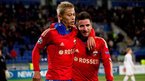 ST. PETERSBURG, RUSSIA - OCTOBER 02: Keisuke Honda celebrates his goal with Zoran Tosic of PFC CSKA Moscow during the UEFA Champions League Group D match between PFC CSKA Moscow and FC Viktoria Plzen at the Petrovsky stadium on October 2, 2013 in St. Petersburg, Russia. (Photo by Epsilon/Getty Images)