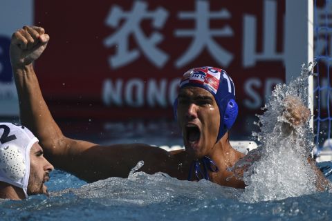 Andrija Basic of Croatia reacts during the Men's water polo quarterfinal match between Serbia and Croatia at the 19th FINA World Championships in Budapest, Hungary, Wednesday, June 29, 2022. (AP Photo/Anna Szilagyi)