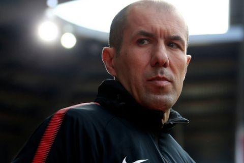 FILE - In this file photo dated Wednesday, April 4, 2018, Monaco's head coach Leonardo Jardim looks on prior to his French League One soccer match against Rennes, in Rennes, western France. Monaco is under pressure Saturday April 28, 2018, from Lyon and Marseille in the fight for second place and an automatic place in next seasons Champions League. (AP Photo/David Vincent, FILE)