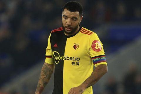 Watford's Troy Deeney dejected during the English Premier League soccer match between Leicester City and Watford at the King Power Stadium, in Leicester, England, Wednesday, Dec. 4, 2019. (AP Photo/Leila Coker)