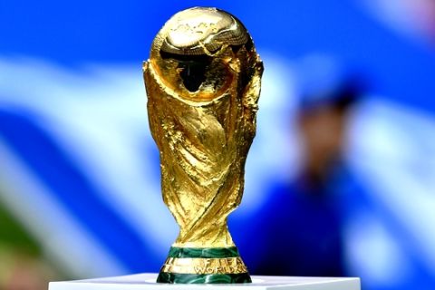 The World Cup trophy is on display prior to the final match between France and Croatia at the 2018 soccer World Cup in the Luzhniki Stadium in Moscow, Russia, Sunday, July 15, 2018. (AP Photo/Martin Meissner)