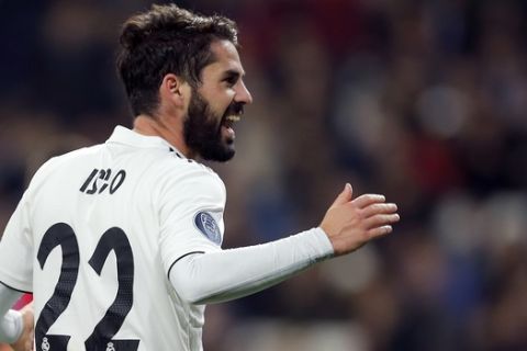 Real midfielder Isco reacts during the Champions League, Group G soccer match between Real Madrid and CSKA Moscow, at the Santiago Bernabeu stadium in Madrid, Spain, Wednesday Dec. 12, 2018. (AP Photo/Paul White)