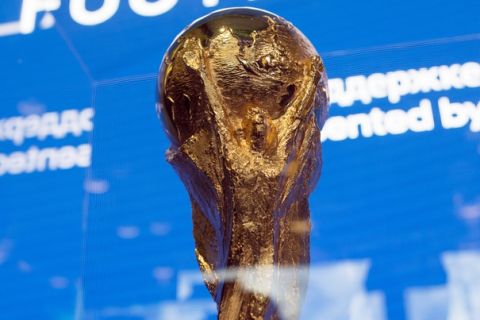 The FIFA World Cup trophy is on display during the opening of the FIFA World football museum in Moscow, Russia, Friday, June 8, 2018. The 21st World Cup begins on Thursday, June 14, 2018, when host Russia takes on Saudi Arabia. (AP Photo/Alexander Zemlianichenko Jr)