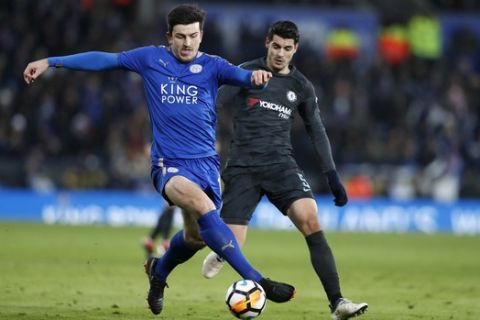 Leicester's Harry Maguire during the English FA Cup quarterfinal soccer match between Leicester City and Chelsea at the King Power Stadium in Leicester, England, Sunday, March 18, 2018.(AP Photo/Frank Augstein)