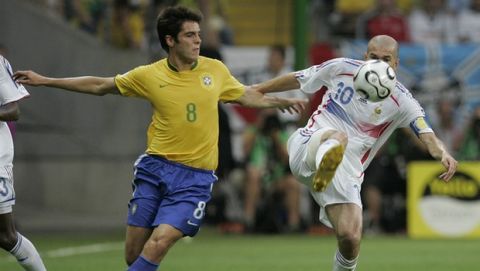 France's Zinedine Zidane, right, and Brazil's Kaka challenge for the ball during the Brazil v France quarterfinal soccer match at the World Cup stadium in Frankfurt, Germany, Saturday, July 1, 2006.  (AP Photo/Christophe Ena)  **MOBILE/PDA USAGE OUT **
