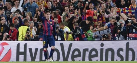 Barcelona's Argentinian forward Lionel Messi celebrates his goal during the UEFA Champions League football match FC Barcelona vs FC Bayern Muenchen at the Camp Nou stadium in Barcelona on May 6, 2015.     AFP PHOTO / JOSEP LAGO        (Photo credit should read JOSEP LAGO/AFP/Getty Images)
